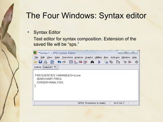 The Four Windows: Syntax editor 
• Syntax Editor 
Text editor for syntax composition. Extension of the 
saved file will be “sps.” 
 