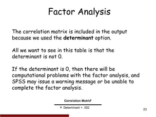 23
Factor Analysis
The correlation matrix is included in the output
because we used the determinant option.
All we want to...