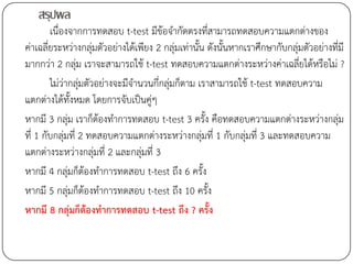 สรุปผล
        เนื่องจากการทดสอบ t-test มีข้อจากัดตรงที่สามารถทดสอบความแตกต่างของ
ค่าเฉลี่ยระหว่างกลุ่มตัวอย่างได้เพียง 2 กลุ่มเท่านั้น ดังนั้นหากเราศึกษากับกลุ่มตัวอย่างที่มี
มากกว่า 2 กลุ่ม เราจะสามารถใช้ t-test ทดสอบความแตกต่างระหว่างค่าเฉลี่ยได้หรือไม่ ?
        ไม่ว่ากลุ่มตัวอย่างจะมีจานวนกี่กลุ่มก็ตาม เราสามารถใช้ t-test ทดสอบความ
แตกต่างได้ทั้งหมด โดยการจับเป็นคู่ๆ
หากมี 3 กลุ่ม เราก็ต้องทาการทดสอบ t-test 3 ครั้ง คือทดสอบความแตกต่างระหว่างกลุ่ม
ที่ 1 กับกลุ่มที่ 2 ทดสอบความแตกต่างระหว่างกลุ่มที่ 1 กับกลุ่มที่ 3 และทดสอบความ
แตกต่างระหว่างกลุ่มที่ 2 และกลุ่มที่ 3
หากมี 4 กลุ่มก็ต้องทาการทดสอบ t-test ถึง 6 ครั้ง
หากมี 5 กลุ่มก็ต้องทาการทดสอบ t-test ถึง 10 ครั้ง
หากมี 8 กลุ่มก็ต้องทาการทดสอบ t-test ถึง ? ครั้ง
 