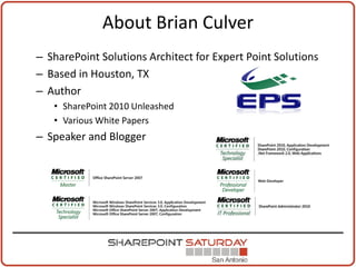 About Brian Culver
– SharePoint Solutions Architect for Expert Point Solutions
– Based in Houston, TX
– Author
   • SharePoint 2010 Unleashed
   • Various White Papers
– Speaker and Blogger
 