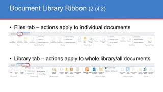 • Files tab – actions apply to individual documents
• Library tab – actions apply to whole library/all documents
Document Library Ribbon (2 of 2)
 