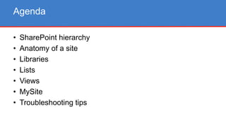 • SharePoint hierarchy
• Anatomy of a site
• Libraries
• Lists
• Views
• MySite
• Troubleshooting tips
Agenda
 