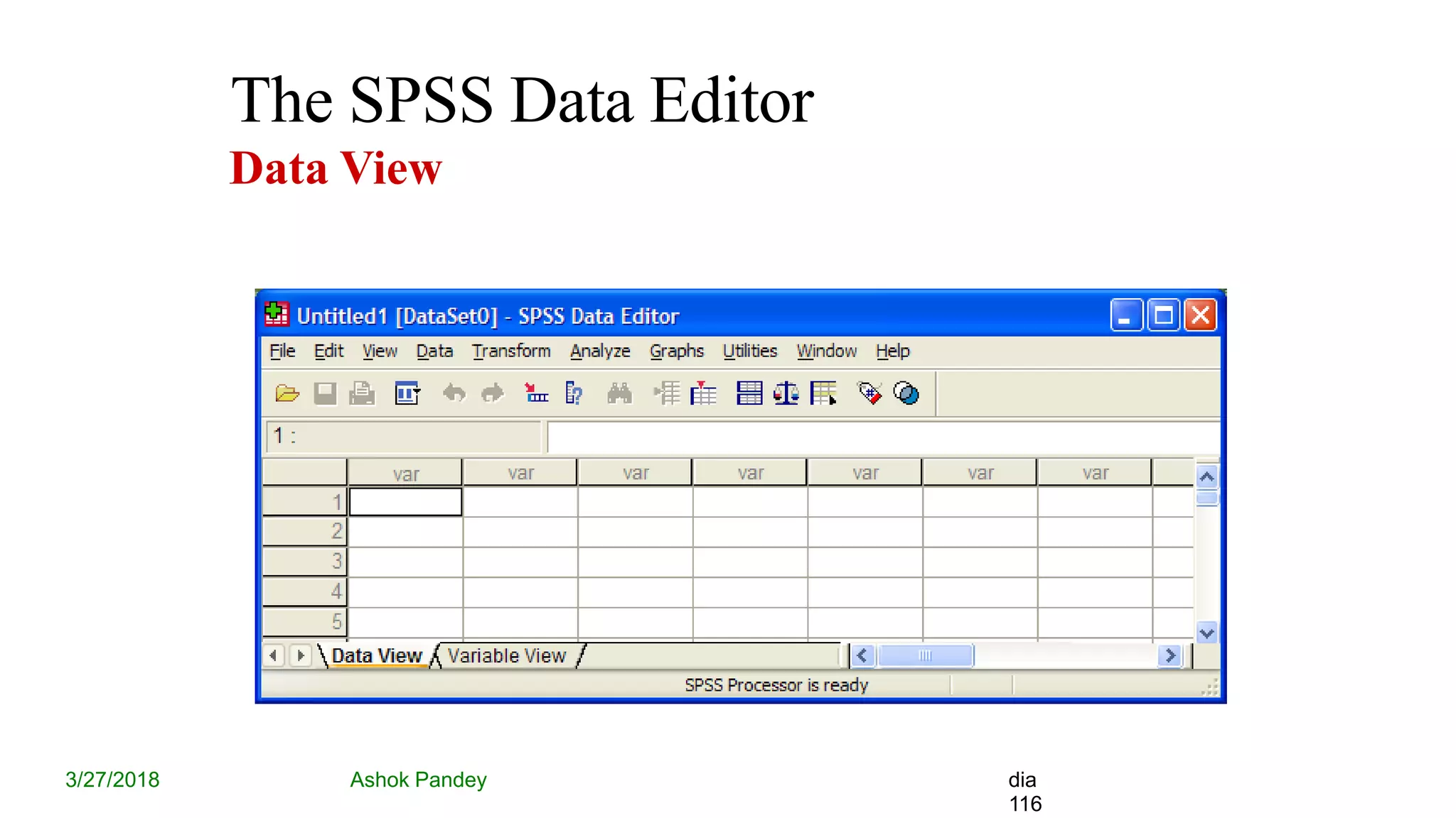 The SPSS Data Editor
Data View
3/27/2018 Ashok Pandey dia
116
 