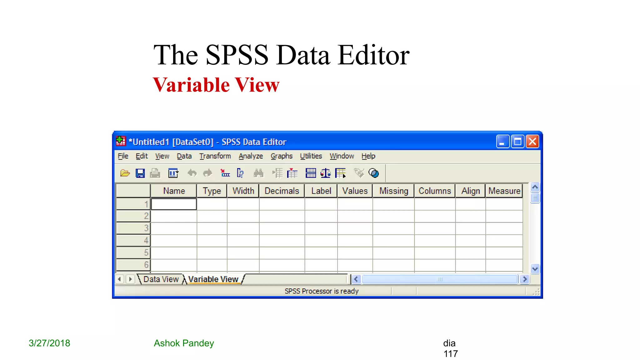 The SPSS Data Editor
Variable View
3/27/2018 Ashok Pandey dia
117
 