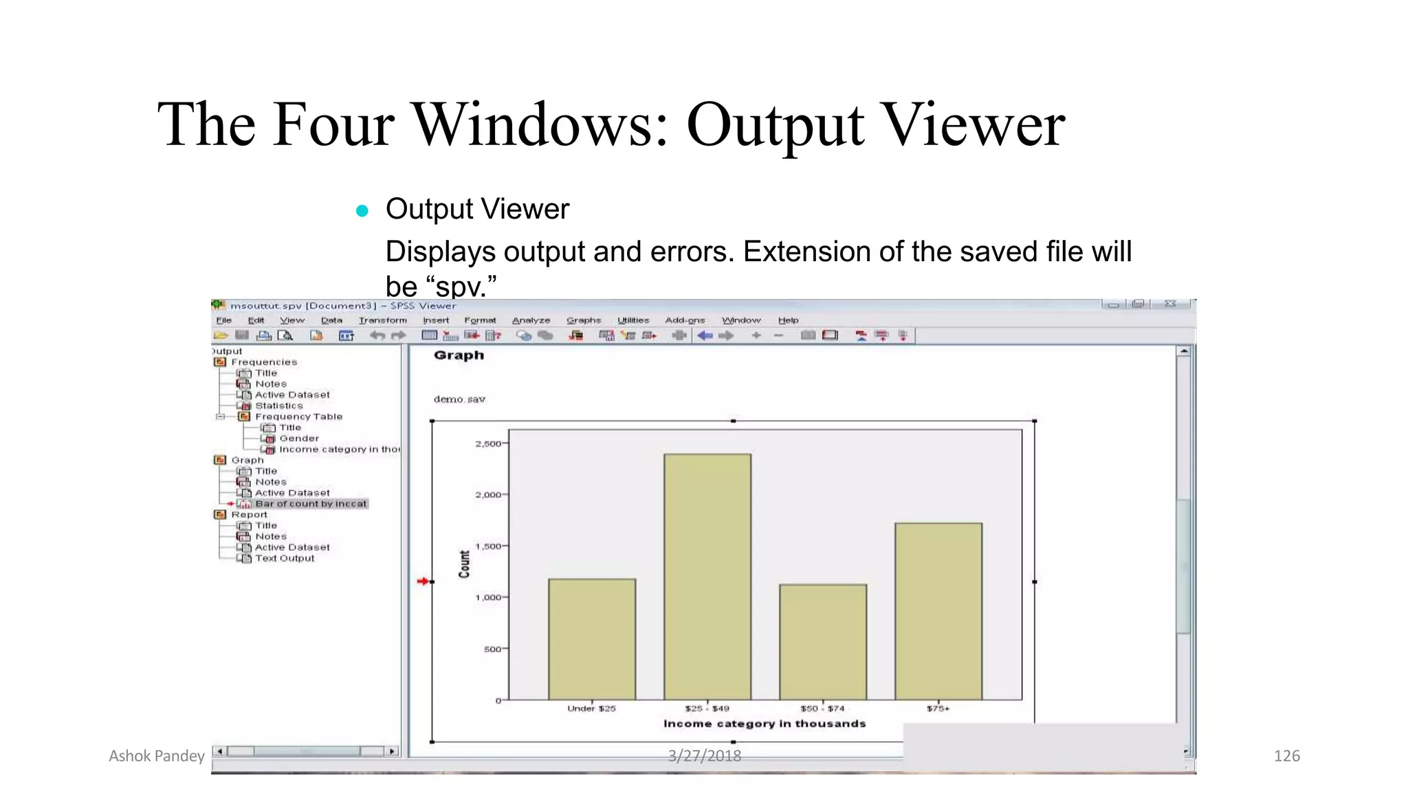 The Four Windows: Output Viewer
● Output Viewer
Displays output and errors. Extension of the saved file will
be “spv.”
Ashok Pandey 3/27/2018 126
 