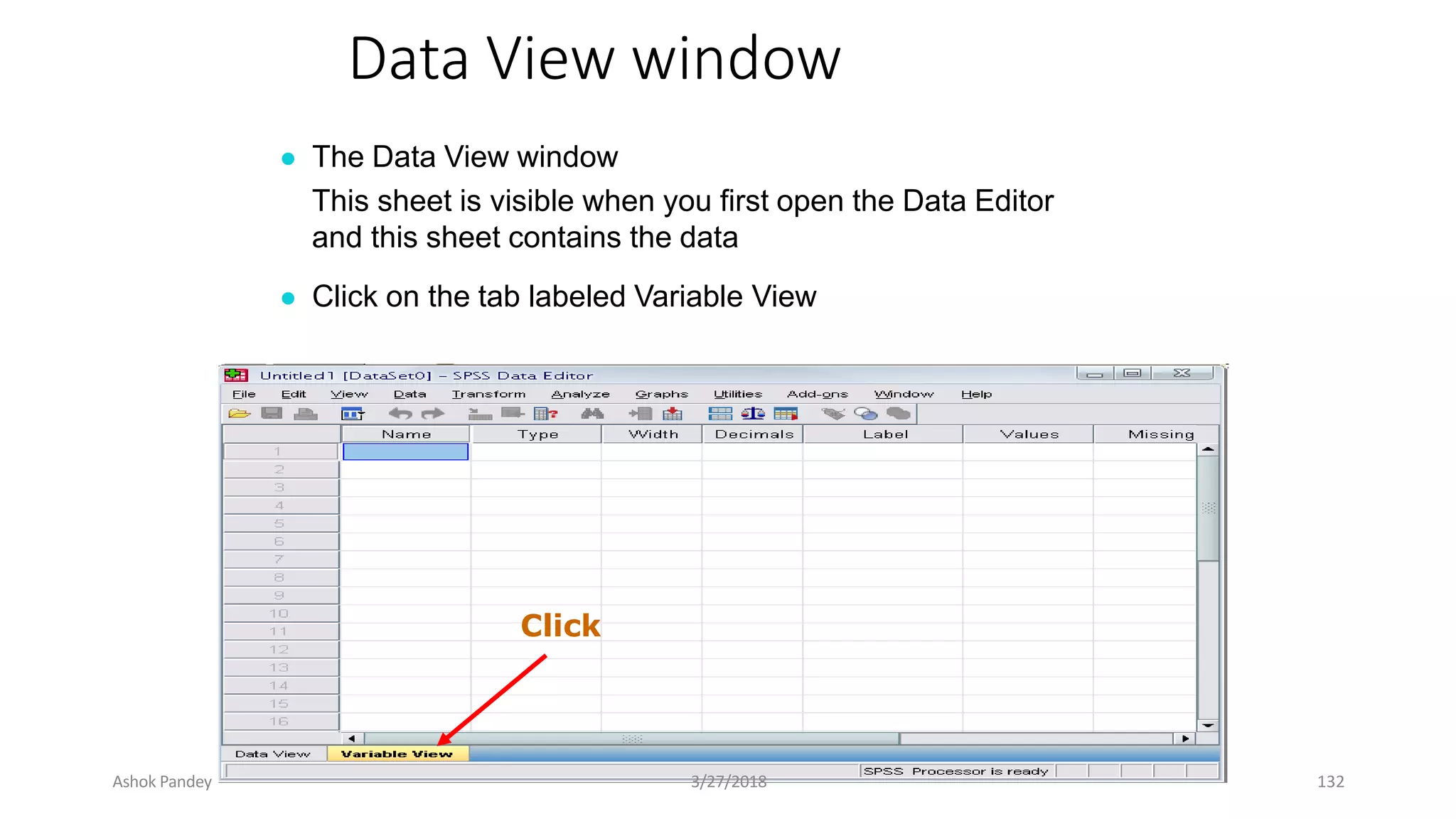 Data View window
● The Data View window
This sheet is visible when you first open the Data Editor
and this sheet contains the data
● Click on the tab labeled Variable View
Click
Ashok Pandey 3/27/2018 132
 