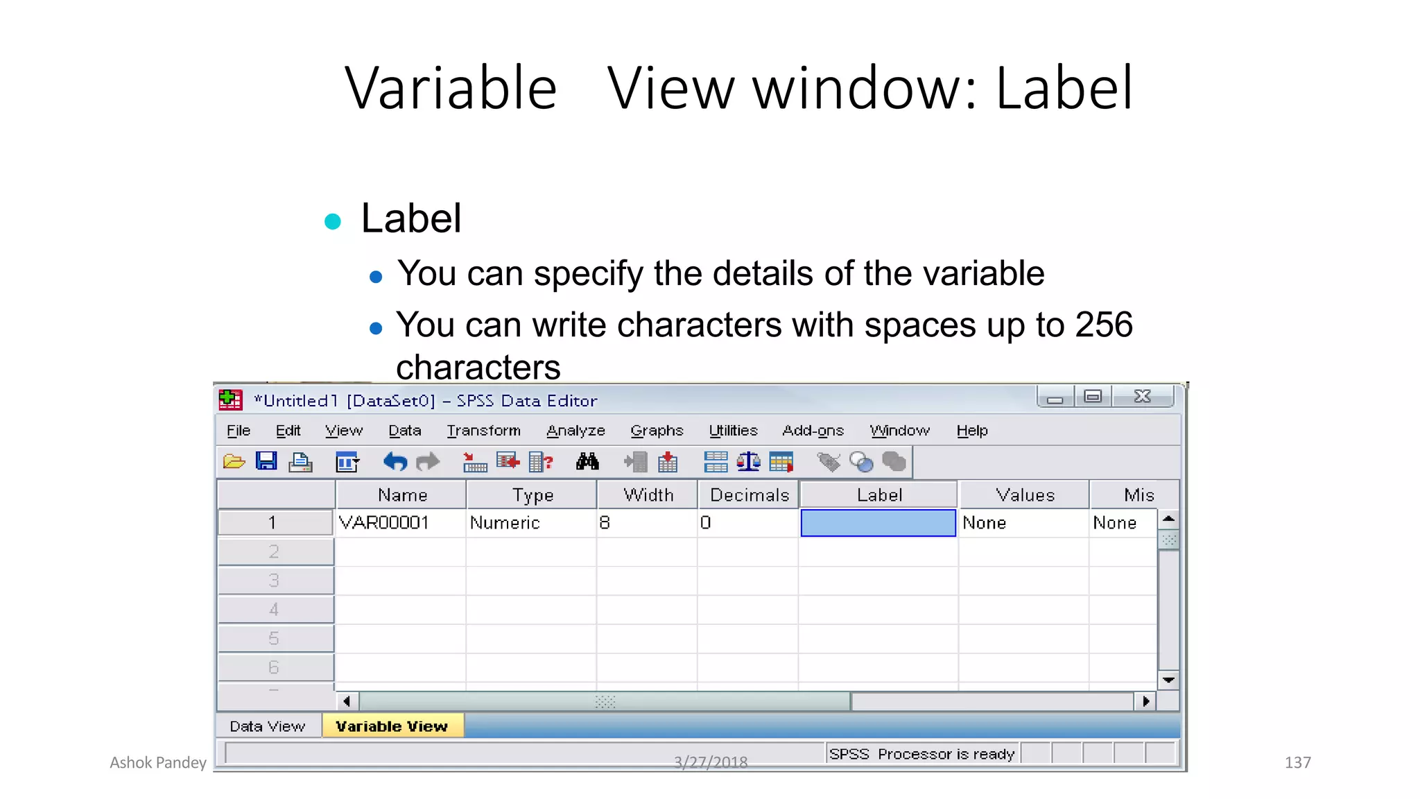 Variable View window: Label
● Label
● You can specify the details of the variable
● You can write characters with spaces up to 256
characters
Ashok Pandey 3/27/2018 137
 