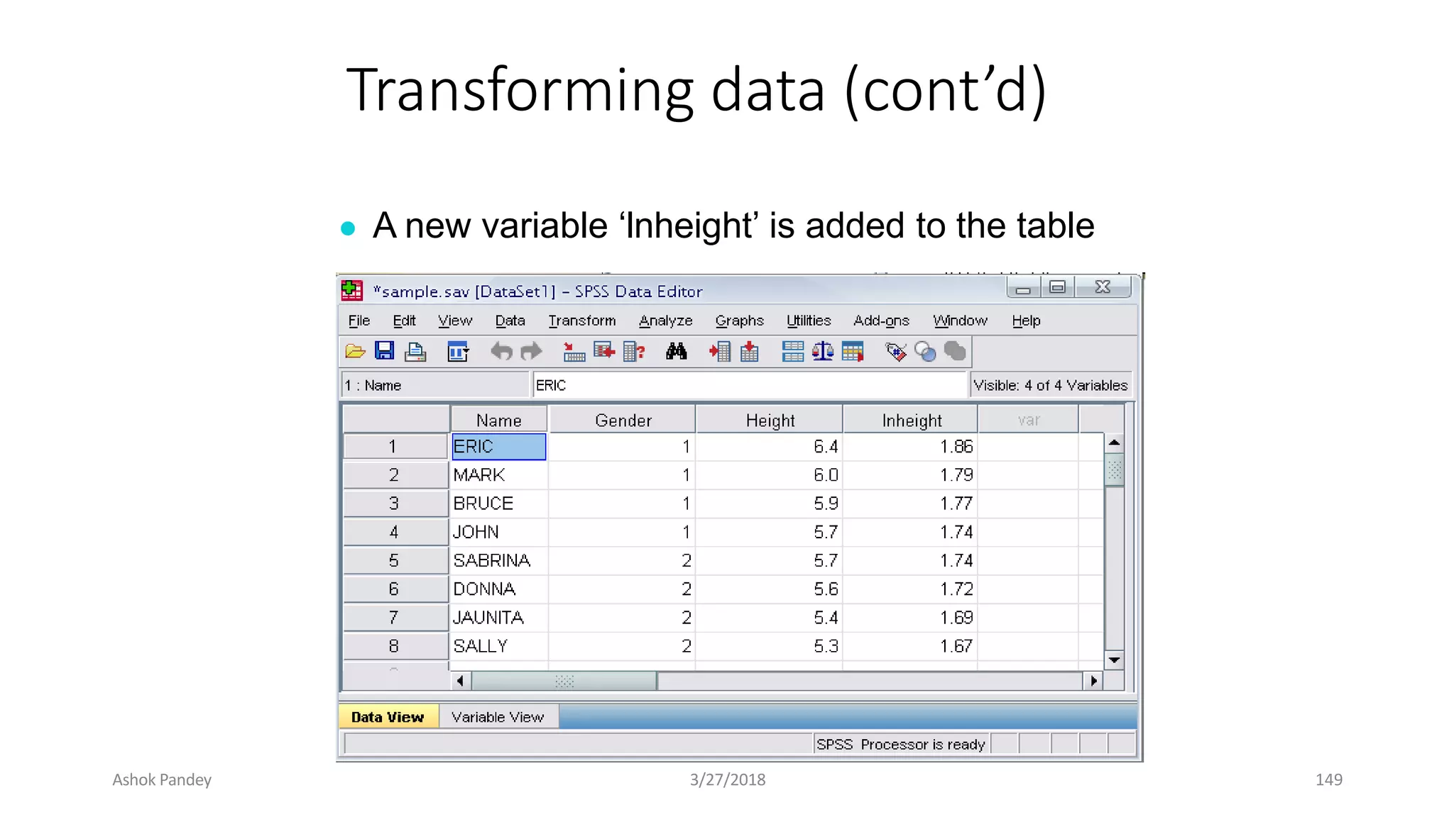 Transforming data (cont’d)
● A new variable ‘lnheight’ is added to the table
Ashok Pandey 3/27/2018 149
 