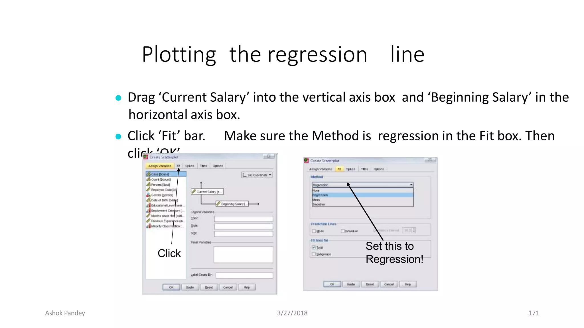 Plotting the regression line
● Drag ‘Current Salary’ into the vertical axis box and ‘Beginning Salary’ in the
horizontal axis box.
● Click ‘Fit’ bar. Make sure the Method is regression in the Fit box. Then
click ‘OK’.
Click
Set this to
Regression!
Ashok Pandey 3/27/2018 171
 