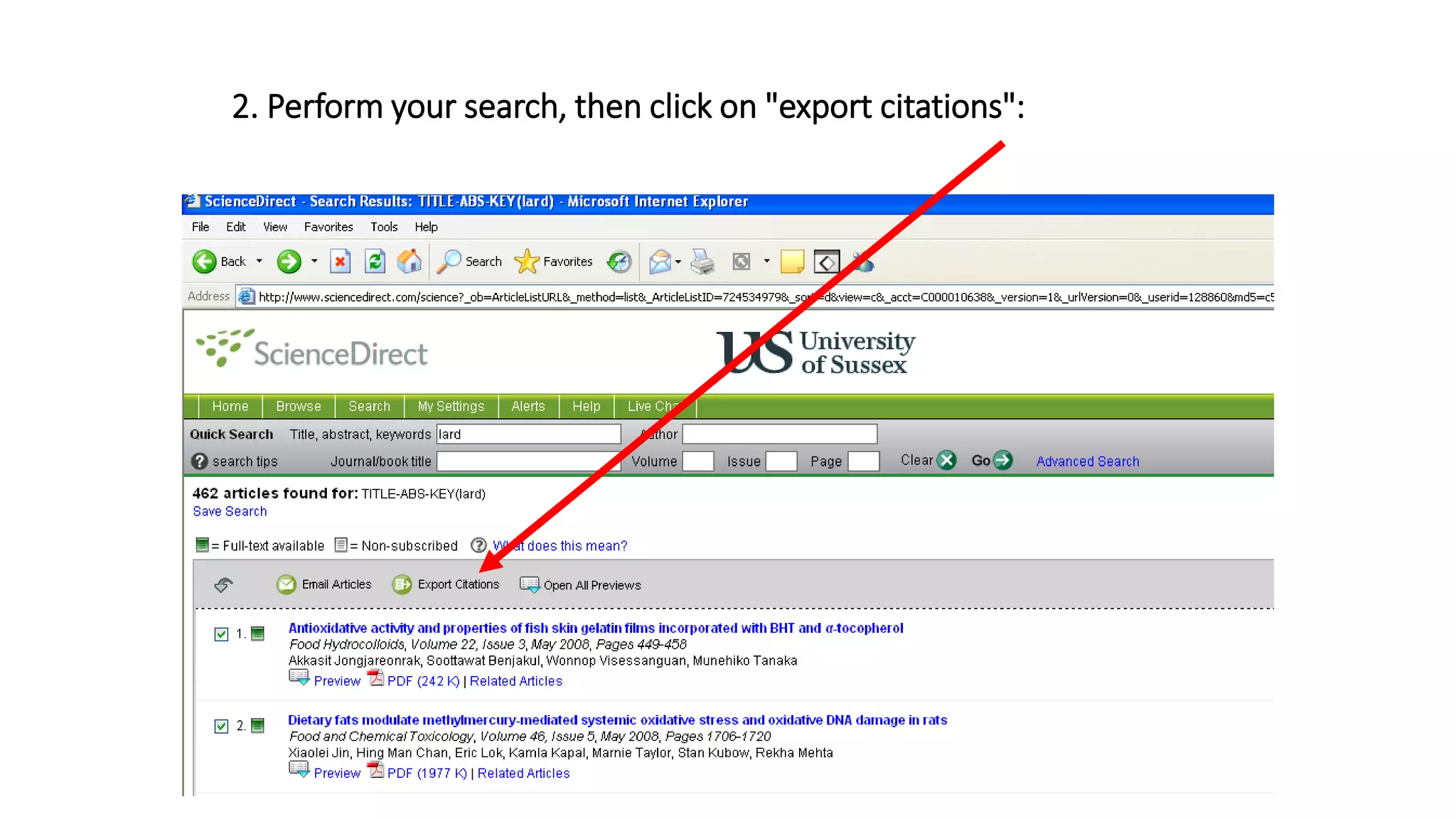 2. Perform your search, then click on "export citations":
 