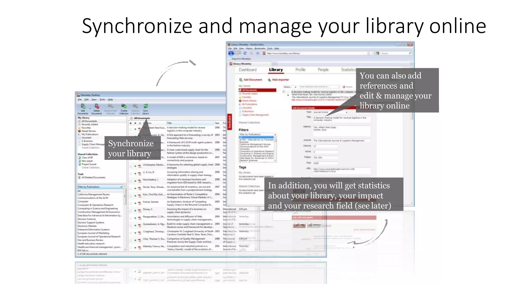 Synchronize and manage your library online
Synchronize
your library
You can also add
references and
edit & manage your
library online
In addition, you will get statistics
about your library, your impact
and your research field (see later)
 