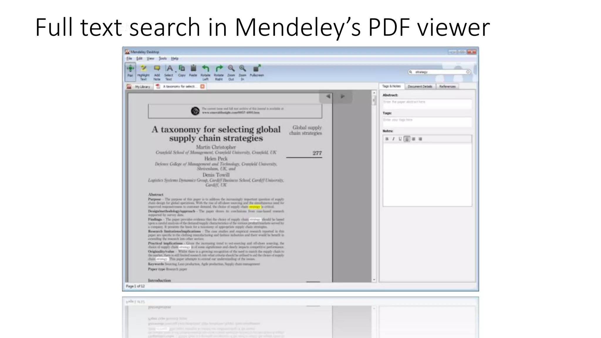 Full text search in Mendeley’s PDF viewer
 