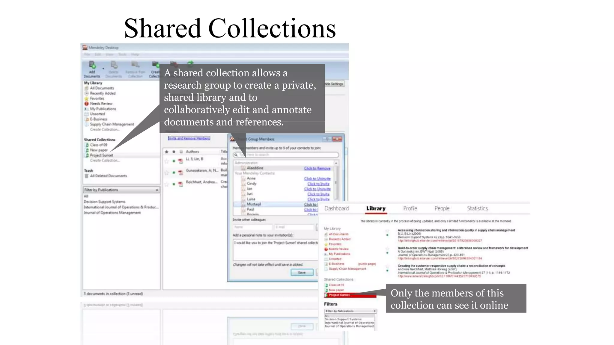 Shared Collections
A shared collection allows a
research group to create a private,
shared library and to
collaboratively edit and annotate
documents and references.
Only the members of this
collection can see it online
 
