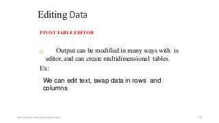 Editing Data
PIVOT TABLE EDITOR
 Output can be modified in many ways with is
editor, and can create multidimensional tables.
Ex:
We can edit text, swap data in rows and
columns
Ashok Pandey, Associate Research Fellow 107
 