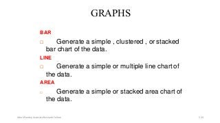 GRAPHS
BAR
 Generate a simple , clustered , or stacked
bar chart of the data.
LINE
 Generate a simple or multiple line chart of
the data.
AREA
 Generate a simple or stacked area chart of
the data.
Ashok Pandey, Associate Research Fellow 124
 