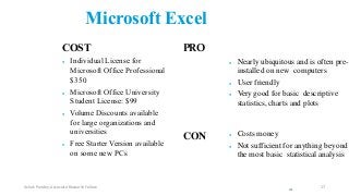Microsoft Excel
COST
 Individual License for
Microsoft Office Professional
$350
 Microsoft Office University
Student License: $99
 Volume Discounts available
for large organizations and
universities
 Free Starter Version available
on some new PCs
PRO
CON
 Nearly ubiquitous and is often pre-
installed on new computers
 User friendly
 Very good for basic descriptive
statistics, charts and plots
 Costs money
 Not sufficient for anything beyond
the most basic statistical analysis
21
Ashok Pandey, Associate Research Fellow 17
 