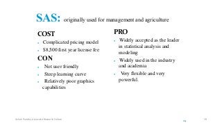 SAS: originally used for management and agriculture
COST
 Complicated pricing model
 $8,500 first year license fee
CON
 Not user friendly
 Steep learning curve
 Relatively poor graphics
capabilities
PRO
 Widely accepted as the leader
in statistical analysis and
modeling
 Widely used in the industry
and academia
 Very flexible and very
powerful.
24
Ashok Pandey, Associate Research Fellow 19
 