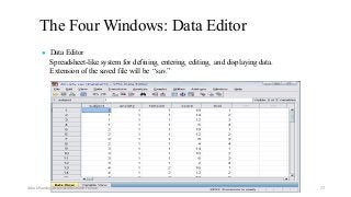 The Four Windows: Data Editor
● Data Editor
Spreadsheet-like system for defining, entering, editing, and displaying data.
Extension of the saved file will be “sav.”
Ashok Pandey, Associate Research Fellow 77
 