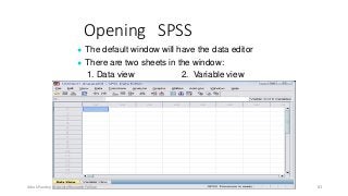 Opening SPSS
● The default window will have the data editor
● There are two sheets in the window:
1. Data view 2. Variable view
Ashok Pandey, Associate Research Fellow 83
 