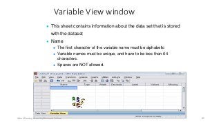 Variable View window
● This sheet contains information about the data set that is stored
with the dataset
● Name
● The first character of the variable name must be alphabetic
● Variable names must be unique, and have to be less than 64
characters.
● Spaces are NOT allowed.
Ashok Pandey, Associate Research Fellow 85
 