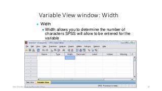 Variable View window: Width
● Width
● Width allows you to determine the number of
characters SPSS will allow to be entered for the
variable
Ashok Pandey, Associate Research Fellow 87
 