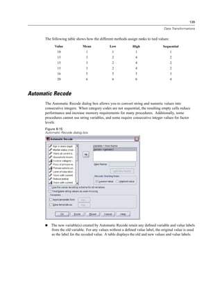 139

                                                                                  Data Transformations


      The following table shows how the different methods assign ranks to tied values:
            Value             Mean             Low            High                Sequential
             10                 1                1              1                        1
             15                 3                2              4                        2
             15                 3                2              4                        2
             15                 3                2              4                        2
             16                 5                5              5                        3
             20                 6                6              6                        4



Automatic Recode
      The Automatic Recode dialog box allows you to convert string and numeric values into
      consecutive integers. When category codes are not sequential, the resulting empty cells reduce
      performance and increase memory requirements for many procedures. Additionally, some
      procedures cannot use string variables, and some require consecutive integer values for factor
      levels.
      Figure 8-15
      Automatic Recode dialog box




         The new variable(s) created by Automatic Recode retain any deﬁned variable and value labels
         from the old variable. For any values without a deﬁned value label, the original value is used
         as the label for the recoded value. A table displays the old and new values and value labels.
 