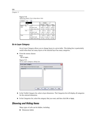 228

Chapter 11


             Figure 11-6
             Selecting layers from drop-down lists




Go to Layer Category
             Go to Layer Category allows you to change layers in a pivot table. This dialog box is particularly
             useful when there are many layers or the selected layer has many categories.
       E From the menus choose:
             Pivot
              Go to Layer...
             Figure 11-7
             Go to Layer Category dialog box




       E In the Visible Category list, select a layer dimension. The Categories list will display all categories
             for the selected dimension.
       E In the Categories list, select the category that you want, and then click OK or Apply.


Showing and Hiding Items
             Many types of cells can be hidden, including:
                 Dimension labels
 