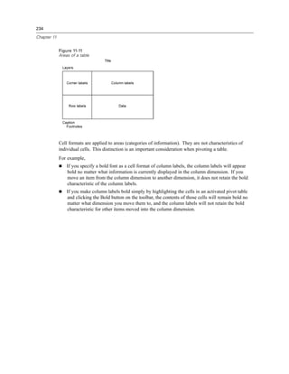 234

Chapter 11


             Figure 11-11
             Areas of a table




             Cell formats are applied to areas (categories of information). They are not characteristics of
             individual cells. This distinction is an important consideration when pivoting a table.
             For example,
                 If you specify a bold font as a cell format of column labels, the column labels will appear
                 bold no matter what information is currently displayed in the column dimension. If you
                 move an item from the column dimension to another dimension, it does not retain the bold
                 characteristic of the column labels.
                 If you make column labels bold simply by highlighting the cells in an activated pivot table
                 and clicking the Bold button on the toolbar, the contents of those cells will remain bold no
                 matter what dimension you move them to, and the column labels will not retain the bold
                 characteristic for other items moved into the column dimension.
 
