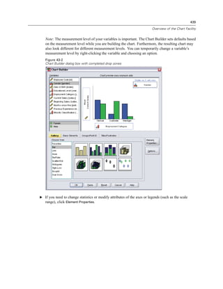 439

                                                                         Overview of the Chart Facility


   Note: The measurement level of your variables is important. The Chart Builder sets defaults based
   on the measurement level while you are building the chart. Furthermore, the resulting chart may
   also look different for different measurement levels. You can temporarily change a variable’s
   measurement level by right-clicking the variable and choosing an option.
   Figure 43-2
   Chart Builder dialog box with completed drop zones




E If you need to change statistics or modify attributes of the axes or legends (such as the scale
  range), click Element Properties.
 