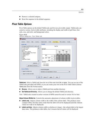 465

                                                                                                       Options


           Remove a selected category.
           Reset the sequence to the default sequence.


Pivot Table Options
       Pivot Table options set the default TableLook used for new pivot table output. TableLooks can
       control a variety of pivot table attributes, including the display and width of grid lines; font
       style, size, and color; and background colors.
       Figure 45-8
       Options dialog box: Pivot Tables tab




       TableLook. Select a TableLook from the list of ﬁles and click OK or Apply. You can use one of the
       TableLooks provided with SPSS, or you can create your own in the Pivot Table Editor (choose
       TableLooks from the Format menu).
           Browse. Allows you to select a TableLook from another directory.
           Set TableLook Directory. Allows you to change the default TableLook directory.
       Note: TableLooks created in earlier versions of SPSS cannot be used in version 16.0 or later.

       Adjust Column Widths for. Controls the automatic adjustment of column widths in pivot tables.
           Labels only. Adjusts column width to the width of the column label. This produces more
           compact tables, but data values wider than the label will not be displayed (asterisks indicate
           values too wide to be displayed).
           Labels and data. Adjusts column width to whichever is larger—the column label or the largest
           data value. This produces wider tables, but it ensures that all values will be displayed.
 
