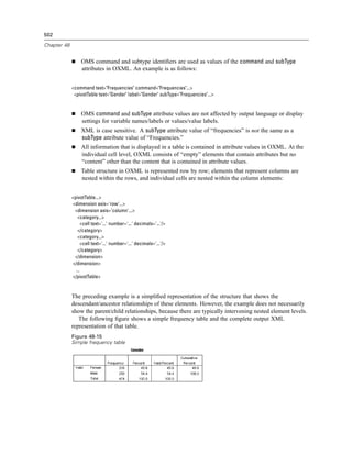 502

Chapter 48


                  OMS command and subtype identiﬁers are used as values of the command and subType
                  attributes in OXML. An example is as follows:


             <command text="Frequencies" command="Frequencies"...>
              <pivotTable text="Gender" label="Gender" subType="Frequencies"...>


                  OMS command and subType attribute values are not affected by output language or display
                  settings for variable names/labels or values/value labels.
                  XML is case sensitive. A subType attribute value of “frequencies” is not the same as a
                  subType attribute value of “Frequencies.”
                  All information that is displayed in a table is contained in attribute values in OXML. At the
                  individual cell level, OXML consists of “empty” elements that contain attributes but no
                  “content” other than the content that is contained in attribute values.
                  Table structure in OXML is represented row by row; elements that represent columns are
                  nested within the rows, and individual cells are nested within the column elements:


             <pivotTable...>
             <dimension axis='row'...>
              <dimension axis='column'...>
                <category...>
                   <cell text='...' number='...' decimals='...'/>
                </category>
                <category...>
                   <cell text='...' number='...' decimals='...'/>
                </category>
              </dimension>
             </dimension>
               ...
             </pivotTable>


             The preceding example is a simpliﬁed representation of the structure that shows the
             descendant/ancestor relationships of these elements. However, the example does not necessarily
             show the parent/child relationships, because there are typically intervening nested element levels.
                The following ﬁgure shows a simple frequency table and the complete output XML
             representation of that table.
             Figure 48-15
             Simple frequency table
 