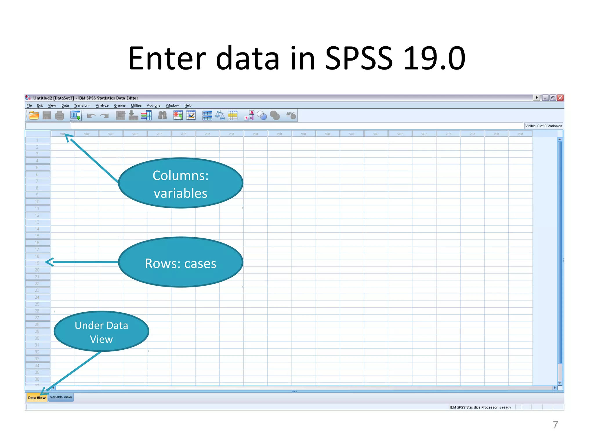 Enter data in SPSS 19.0 
7 
Columns: 
variables 
Rows: cases 
Under Data 
View 
 