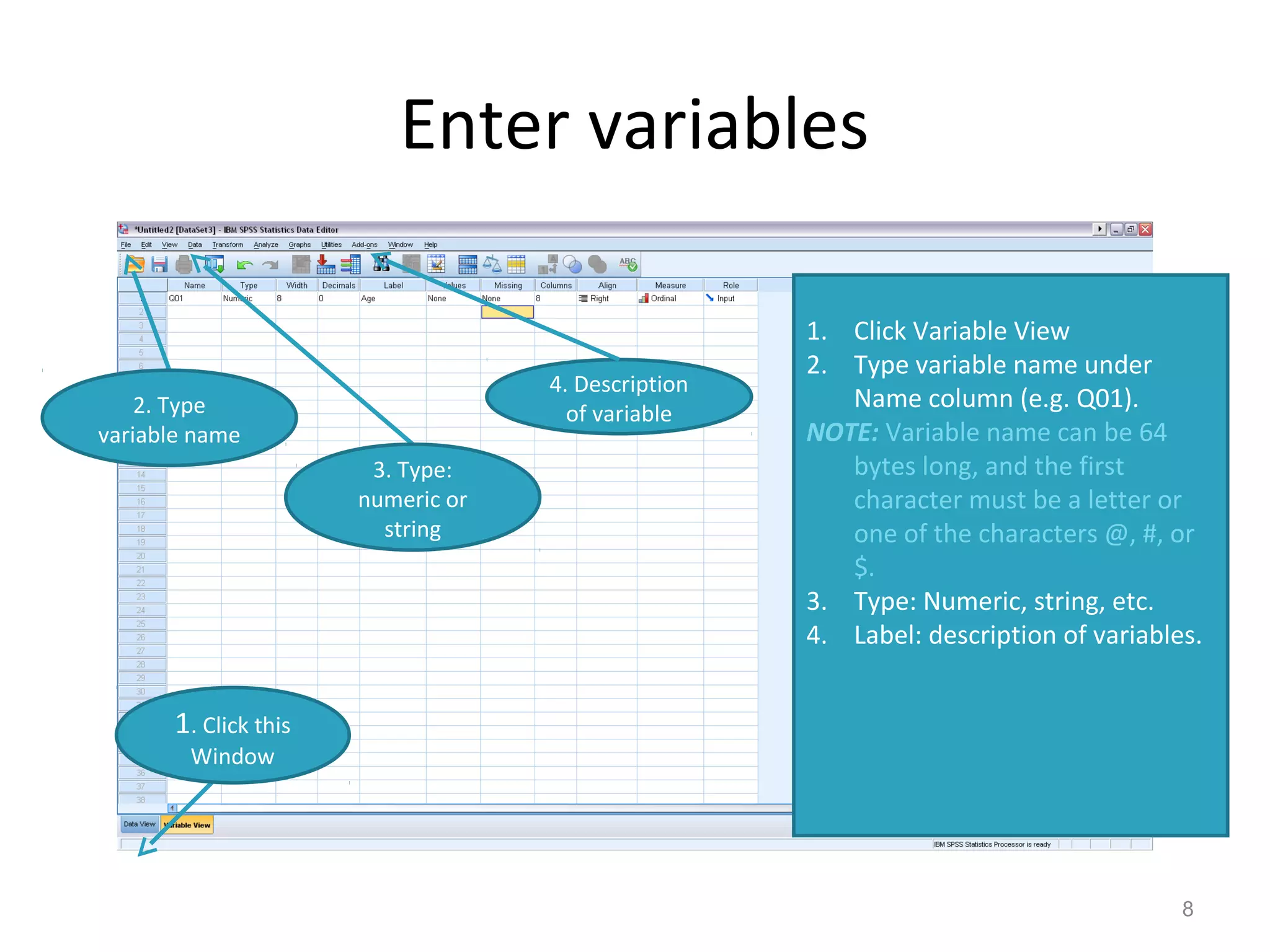 Enter variables 
8 
1. Click this 
Window 
1. Click Variable View 
2. Type variable name under 
Name column (e.g. Q01). 
NOTE: Variable name can be 64 
bytes long, and the first 
character must be a letter or 
one of the characters @, #, or 
$. 
3. Type: Numeric, string, etc. 
4. Label: description of variables. 
2. Type 
variable name 
3. Type: 
numeric or 
string 
4. Description 
of variable 
 