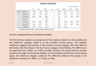Income is represented by two dummy variables:
The first dummy variable is a comparison of the medium (coded 1 on the variable) and
low (reference category coded 0 on the variable) income groups. The negative
coefficient suggests that persons in the medium income category were less likely to
terminate early than those in the low income category. Nevertheless, the difference is
not significant (b=-1.0265, s.e.=.1323, p=.438). Similarly, the second dummy variable
compares the high income group (coded 1 on the variable) and the low income group
(again, the reference category; coded 0). The difference between the groups is not
significant, however (b=-.8954, s.e.=1.022, p=.401).
3/29/2020 DR ATHAR KHAN 23
 