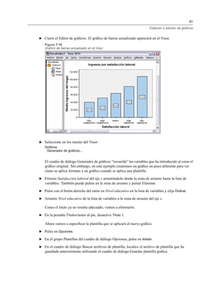 91
Creación y edición de gráficos
E Cierre el Editor de gráﬁcos. El gráﬁco de barras actualizado aparecerá en el Visor.
Figura 7-16
Gráfico de barras actualizado en el Visor
E Seleccione en los menús del Visor:
Gráficos
Generador de gráficos...
El cuadro de diálogo Generador de gráﬁcos “recuerda” las variables que ha introducido al crear el
gráﬁco original. Sin embargo, en este ejemplo crearemos un gráﬁco un poco diferente para ver
cómo se aplica formato a un gráﬁco cuando se aplica una plantilla.
E Elimine Satisfacción laboral del eje x arrastrándolo desde la zona de arrastre hasta la lista de
variables. También puede pulsar en la zona de arrastre y pulsar Eliminar.
E Pulse con el botón derecho del ratón en Nivel educativo en la lista de variables y elija Ordinal.
E Arrastre Nivel educativo de la lista de variables a la zona de arrastre del eje x.
Como el título ya no resulta adecuado, vamos a eliminarlo.
E En la pestaña Títulos/notas al pie, desactive Título 1.
Ahora vamos a especiﬁcar la plantilla que se aplicará al nuevo gráﬁco.
E Pulse en Opciones.
E En el grupo Plantillas del cuadro de diálogo Opciones, pulse en Añadir.
E En el cuadro de diálogo Buscar archivos de plantilla, localice el archivo de plantilla que ha
guardado anteriormente utilizando el cuadro de diálogo Guardar plantilla gráﬁca.
 