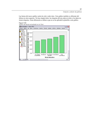97
Creación y edición de gráficos
Las barras del nuevo gráﬁco serán de color verde claro. Este gráﬁco también es diferente del
último en otros aspectos. No hay ningún título, las etiquetas del eje están en miles y los datos no
tienen etiquetas. Estas diferencias se deben a que no se ha aplicado la plantilla a este gráﬁco.
Figura 7-22
Gráfico de barras actualizado en el Visor
 