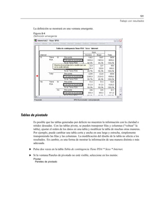 101
Trabajo con resultados
La deﬁnición se mostrará en una ventana emergente.
Figura 8-4
Definición emergente
Tablas de pivotado
Es posible que las tablas generadas por defecto no muestren la información con la claridad o
nitidez deseadas. Con las tablas pivote, se pueden transponer ﬁlas y columnas (“voltear” la
tabla), ajustar el orden de los datos en una tabla y modiﬁcar la tabla de muchas otras maneras.
Por ejemplo, puede cambiar una tabla corta y ancha en una larga y estrecha, simplemente
transponiendo las ﬁlas y las columnas. La modiﬁcación del diseño de la tabla no afecta a los
resultados. En cambio, es una forma de mostrar la información de una manera distinta o más
adecuada.
E Pulse dos veces en la tabla Tabla de contingencia Tiene PDA * Sexo * Internet.
E Si la ventana Paneles de pivotado no está visible, seleccione en los menús:
Pivotar
Paneles de pivotado
 