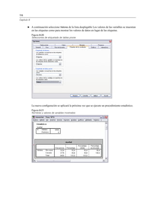 116
Capítulo 8
E A continuación seleccione Valores de la lista desplegable Los valores de las variables se muestran
en las etiquetas como para mostrar los valores de datos en lugar de las etiquetas.
Figura 8-20
Selecciones de etiquetado de tablas pivote
La nueva conﬁguración se aplicará la próxima vez que se ejecute un procedimiento estadístico.
Figura 8-21
Nombres y valores de variables mostrados
 