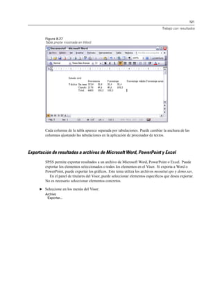121
Trabajo con resultados
Figura 8-27
Tabla pivote mostrada en Word
Cada columna de la tabla aparece separada por tabulaciones. Puede cambiar la anchura de las
columnas ajustando las tabulaciones en la aplicación de procesador de textos.
Exportación de resultados a archivos de Microsoft Word, PowerPoint y Excel
SPSS permite exportar resultados a un archivo de Microsoft Word, PowerPoint o Excel. Puede
exportar los elementos seleccionados o todos los elementos en el Visor. Si exporta a Word o
PowerPoint, puede exportar los gráﬁcos. Este tema utiliza los archivos msouttut.spo y demo.sav.
En el panel de titulares del Visor, puede seleccionar elementos especíﬁcos que desea exportar.
No es necesario seleccionar elementos concretos.
E Seleccione en los menús del Visor:
Archivo
Exportar...
 