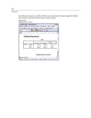 124
Capítulo 8
Las tablas pivote pasan a ser tablas de Word, conservando todo el formato original de la tabla
pivote inicial, incluyendo fuentes, colores, bordes, etcétera.
Figura 8-30
Tablas pivote en Word
 