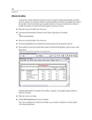 106
Capítulo 8
Edición de tablas
A menos que se haya tomado la molestia de crear un Aspecto de tabla personalizado, las tablas
pivote se crearán con el formato estándar. Se puede modiﬁcar el formato de cualquier texto dentro
de una tabla. Entre los formatos que se pueden cambiar se incluyen el nombre de la fuente, el
tamaño de la fuente, el estilo de la fuente (negrita o cursiva) y el color.
E Pulse dos veces en la tabla Nivel educativo.
E Si la barra de herramientas Formato no está visible, seleccione en los menús:
Ver
Barra de herramientas
E Pulse en el texto del título, Nivel educativo.
E En la lista desplegable de los tamaños de fuente de la barra de herramientas, elija 12.
E Para cambiar el color del texto del título, pulse en el botón Color del texto y elija un nuevo color.
Figura 8-10
Nuevo formato del Texto del título en la tabla pivote
También puede editar el contenido de las tablas y etiquetas. Por ejemplo, puede cambiar el
título de esta tabla.
E Pulse dos veces en el título.
E Escriba Nivel educativo para la nueva etiqueta.
Nota: Si se modiﬁcan los valores de una tabla, no se volverán a calcular los valores totales
ni los demás estadísticos.
 