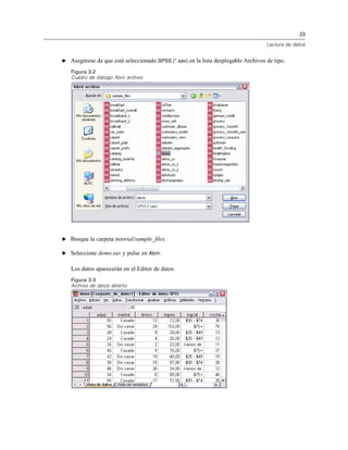 23
Lectura de datos
E Asegúrese de que está seleccionado SPSS (*.sav) en la lista desplegable Archivos de tipo.
Figura 3-2
Cuadro de diálogo Abrir archivo
E Busque la carpeta tutorial/sample_ﬁles.
E Seleccione demo.sav y pulse en Abrir.
Los datos aparecerán en el Editor de datos.
Figura 3-3
Archivo de datos abierto
 