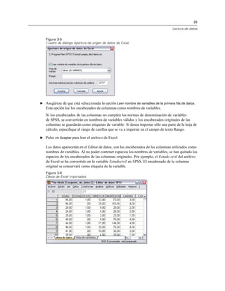 25
Lectura de datos
Figura 3-5
Cuadro de diálogo Apertura de origen de datos de Excel
E Asegúrese de que está seleccionada la opción Leer nombre de variables de la primera fila de datos.
Esta opción lee los encabezados de columnas como nombres de variables.
Si los encabezados de las columnas no cumplen las normas de denominación de variables
de SPSS, se convertirán en nombres de variables válidos y los encabezados originales de las
columnas se guardarán como etiquetas de variable. Si desea importar sólo una parte de la hoja de
cálculo, especiﬁque el rango de casillas que se va a importar en el campo de texto Rango.
E Pulse en Aceptar para leer el archivo de Excel.
Los datos aparecerán en el Editor de datos, con los encabezados de las columnas utilizados como
nombres de variables. Al no poder contener espacios los nombres de variables, se han quitado los
espacios de los encabezados de las columnas originales. Por ejemplo, el Estado civil del archivo
de Excel se ha convertido en la variable Estadocivil en SPSS. El encabezado de la columna
original se conservará como etiqueta de la variable.
Figura 3-6
Datos de Excel importados
 