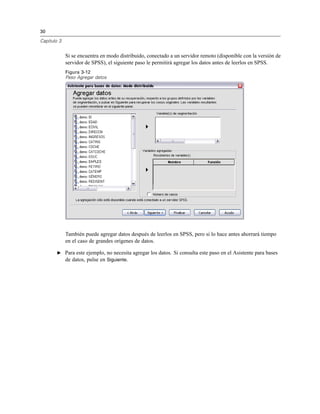 30
Capítulo 3
Si se encuentra en modo distribuido, conectado a un servidor remoto (disponible con la versión de
servidor de SPSS), el siguiente paso le permitirá agregar los datos antes de leerlos en SPSS.
Figura 3-12
Paso Agregar datos
También puede agregar datos después de leerlos en SPSS, pero si lo hace antes ahorrará tiempo
en el caso de grandes orígenes de datos.
E Para este ejemplo, no necesita agregar los datos. Si consulta este paso en el Asistente para bases
de datos, pulse en Siguiente.
 