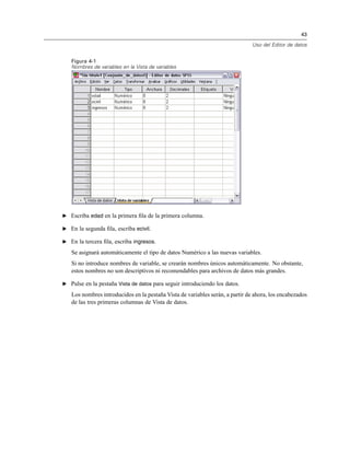 43
Uso del Editor de datos
Figura 4-1
Nombres de variables en la Vista de variables
E Escriba edad en la primera ﬁla de la primera columna.
E En la segunda ﬁla, escriba ecivil.
E En la tercera ﬁla, escriba ingresos.
Se asignará automáticamente el tipo de datos Numérico a las nuevas variables.
Si no introduce nombres de variable, se crearán nombres únicos automáticamente. No obstante,
estos nombres no son descriptivos ni recomendables para archivos de datos más grandes.
E Pulse en la pestaña Vista de datos para seguir introduciendo los datos.
Los nombres introducidos en la pestaña Vista de variables serán, a partir de ahora, los encabezados
de las tres primeras columnas de Vista de datos.
 