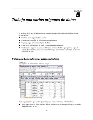 Capítulo
5
Trabajo con varios orígenes de datos
A partir de SPSS 14.0, SPSS puede tener varios orígenes de datos abiertos al mismo tiempo,
lo que facilita:
Cambiar de un origen de datos a otro.
Comparar el contenido de diferentes orígenes de datos.
Copiar y pegar datos entre orígenes de datos.
Crear varios subconjuntos de casos y/o variables para su análisis.
Fundir varios orígenes de datos con diferentes formatos de datos (por ejemplo, hojas de
cálculo, bases de datos, datos en texto) sin tener que guardar antes cada origen de datos en
el formato de SPSS.
Tratamiento básico de varios orígenes de datos
Figura 5-1
Dos orígenes de datos abiertos al mismo tiempo
Cada origen de datos que se abra aparecerá en una nueva ventana del Editor de datos.
Todos los orígenes de datos que haya abierto anteriormente permanecerán abiertos y estarán
disponibles para su uso.
65
 