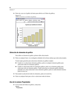 82
Capítulo 7
E Pulse dos veces en el gráﬁco de barras para abrirlo en el Editor de gráﬁcos.
Figura 7-7
Gráfico de barras en el Editor de gráficos
Selección de elementos de gráfico
Para editar un elemento de gráﬁco, primero debe seleccionarlo.
E Pulse en cualquier barra. Los rectángulos alrededor de las barras indican que están seleccionados.
Existen reglas generales para seleccionar elementos en gráﬁcos simples:
Cuando no se seleccionan elementos gráﬁcos, pulse en cualquier elemento gráﬁco para
seleccionar todos los elementos gráﬁcos.
Cuando se seleccionan todos los elementos gráﬁcos, pulse en un elemento gráﬁco para
seleccionar sólo ese elemento gráﬁco. Puede seleccionar un elemento gráﬁco diferente
pulsando en él. Para seleccionar varios elementos gráﬁcos, pulse en cada elemento mientras
pulsa la tecla Ctrl.
E Para anular la selección de todos los elementos, pulse en la tecla Esc.
E Pulse en cualquier barra para volver a seleccionar todas las barras.
Uso de la ventana Propiedades
E En los menús del Editor de gráﬁcos, seleccione:
Edición
Propiedades
 