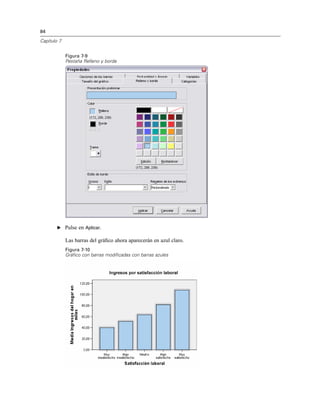 84
Capítulo 7
Figura 7-9
Pestaña Relleno y borde
E Pulse en Aplicar.
Las barras del gráﬁco ahora aparecerán en azul claro.
Figura 7-10
Gráfico con barras modificadas con barras azules
 