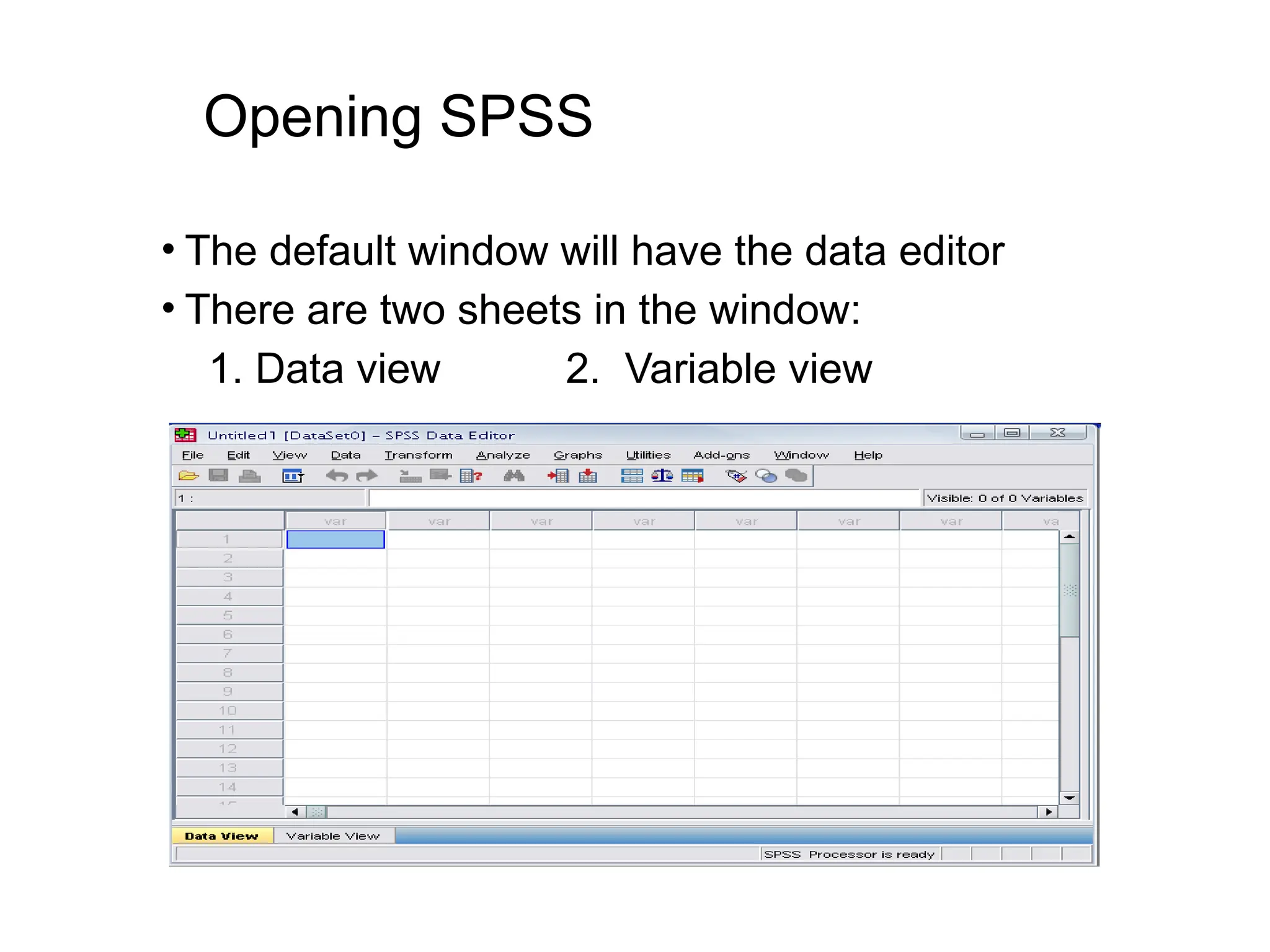 Opening SPSS • The default window will have the data editor • There are two sheets in the window: 1. Data view 2. Variable view 
