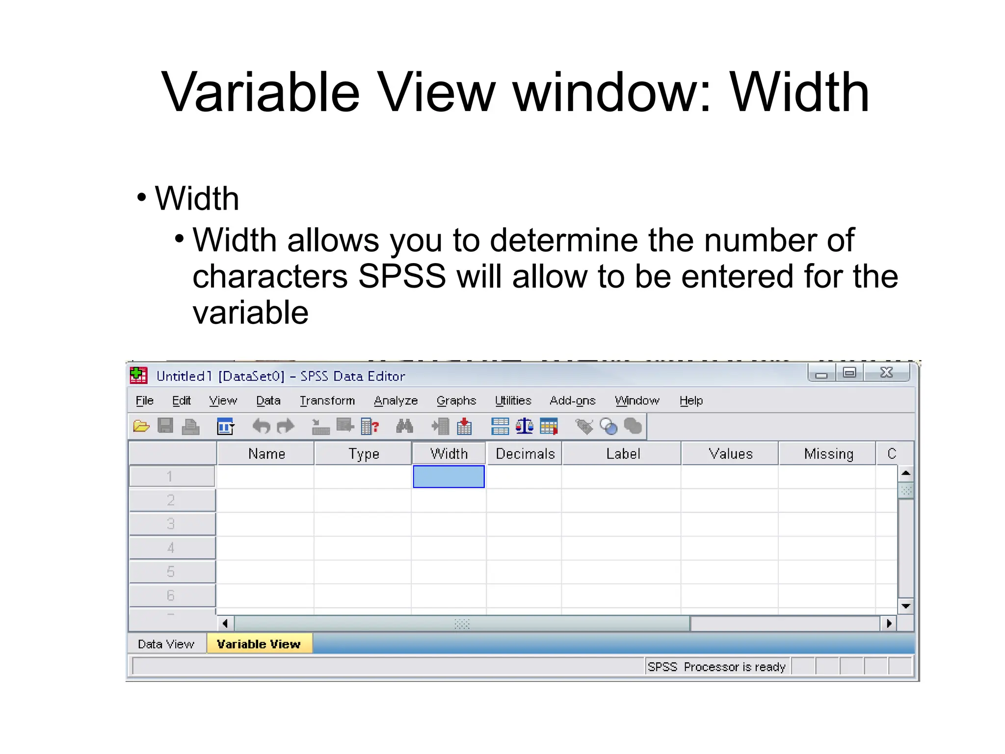 Variable View window: Width • Width • Width allows you to determine the number of characters SPSS will allow to be entered for the variable 